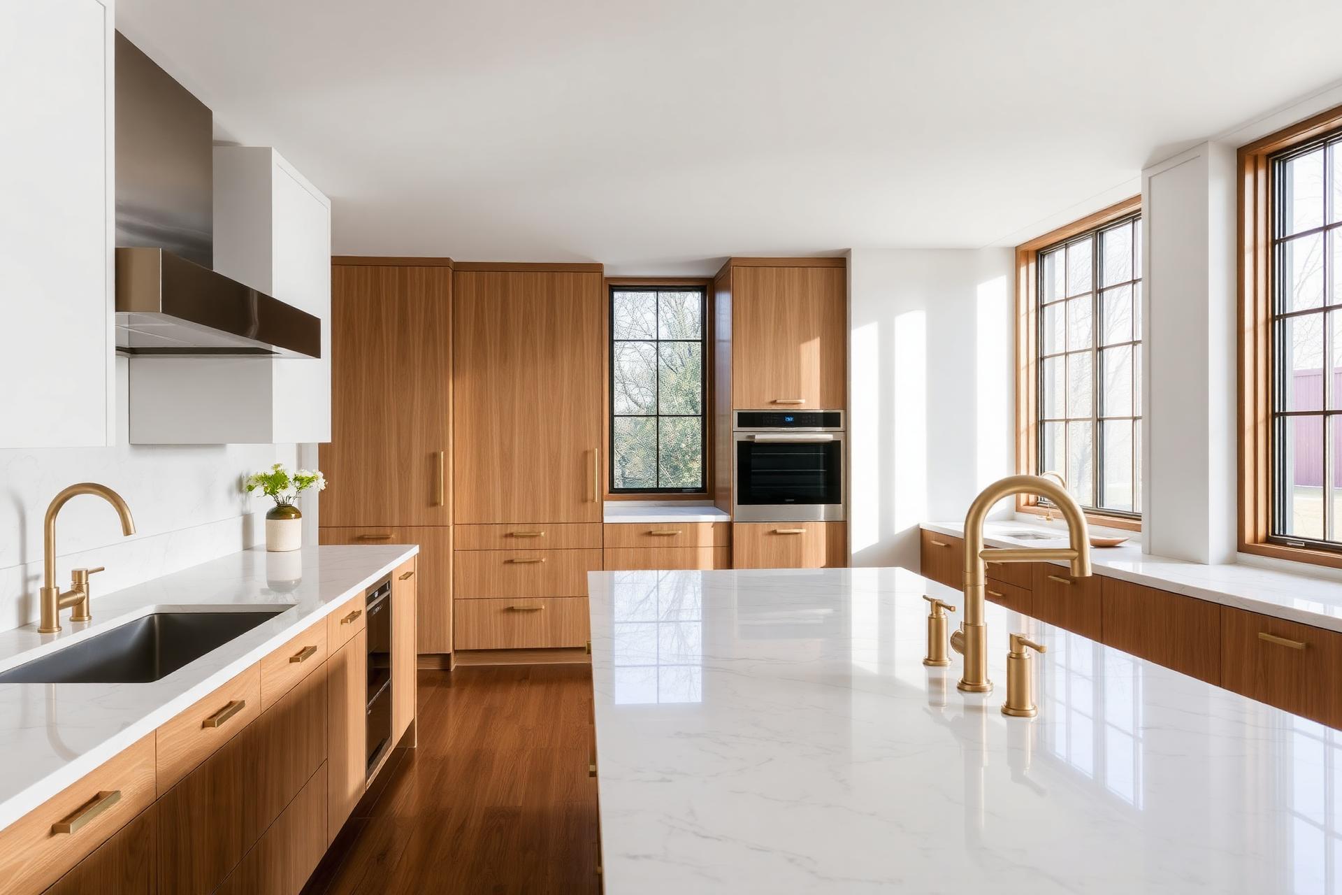 Luxury contemporary kitchen with white oak cabinetry, marble waterfall island, and warm evening light