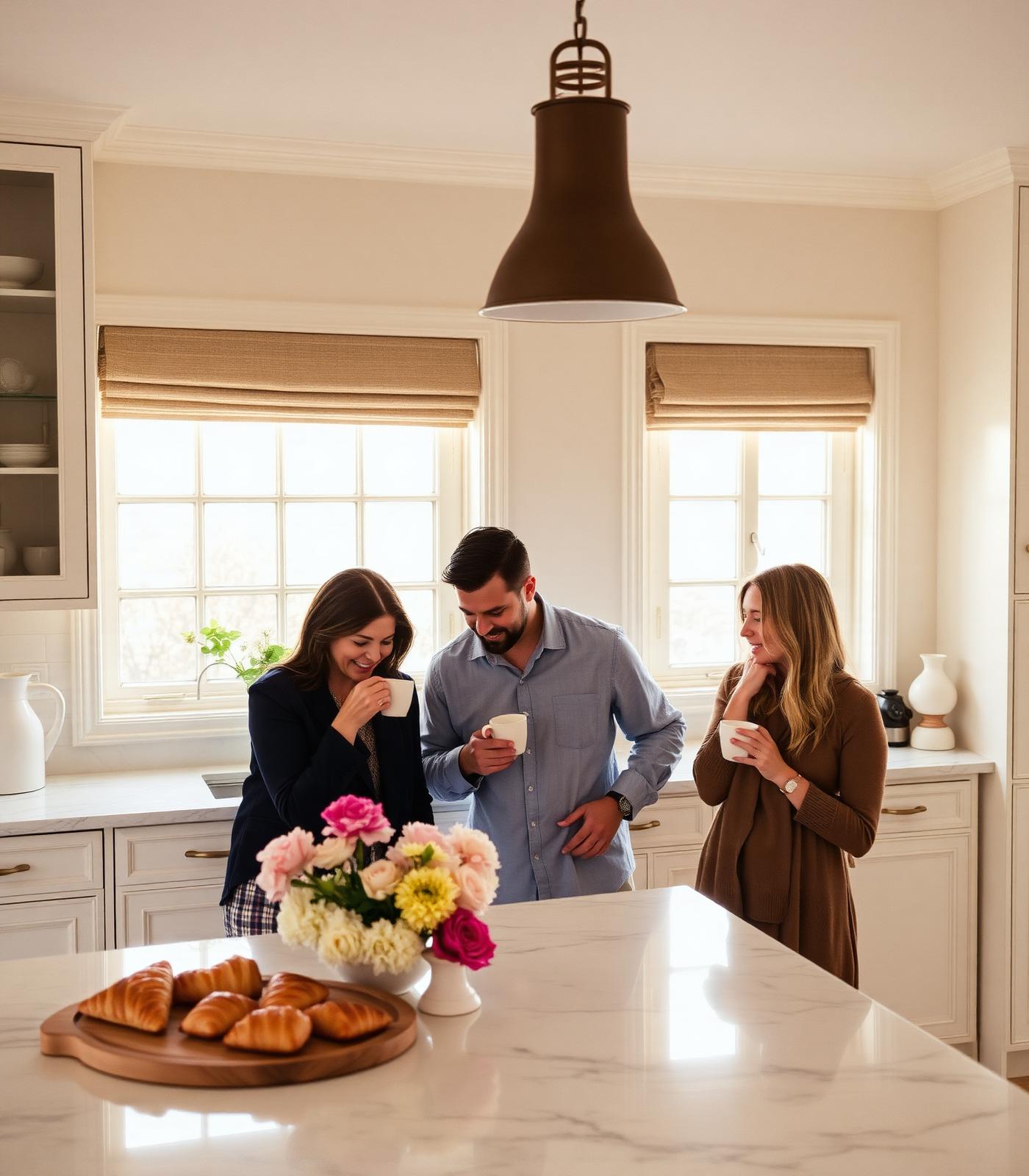 Family morning around a marble kitchen island in soft light